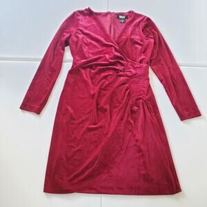DKNY Dress Womens 12 Red Velvet Long Sleeve Faux Wrap Stretch Party holiday